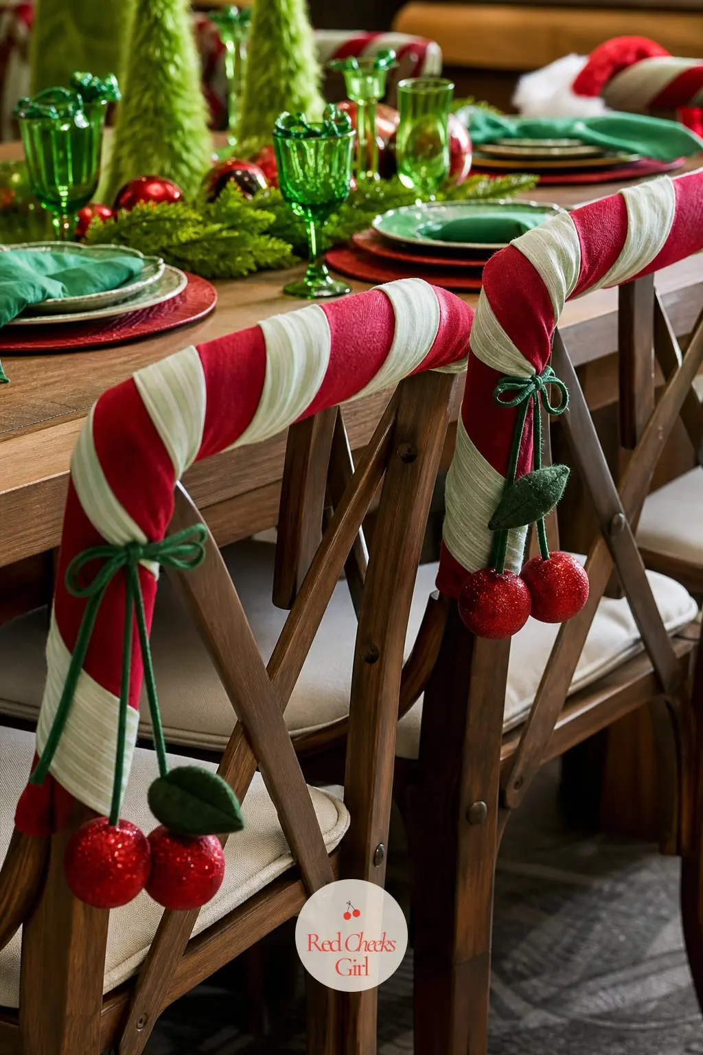 Chair Backs Wrapped Like Crooked Candy Canes — A striped ribbon sash tied around each dining chair back, looped loosely rather than cinched, with a small