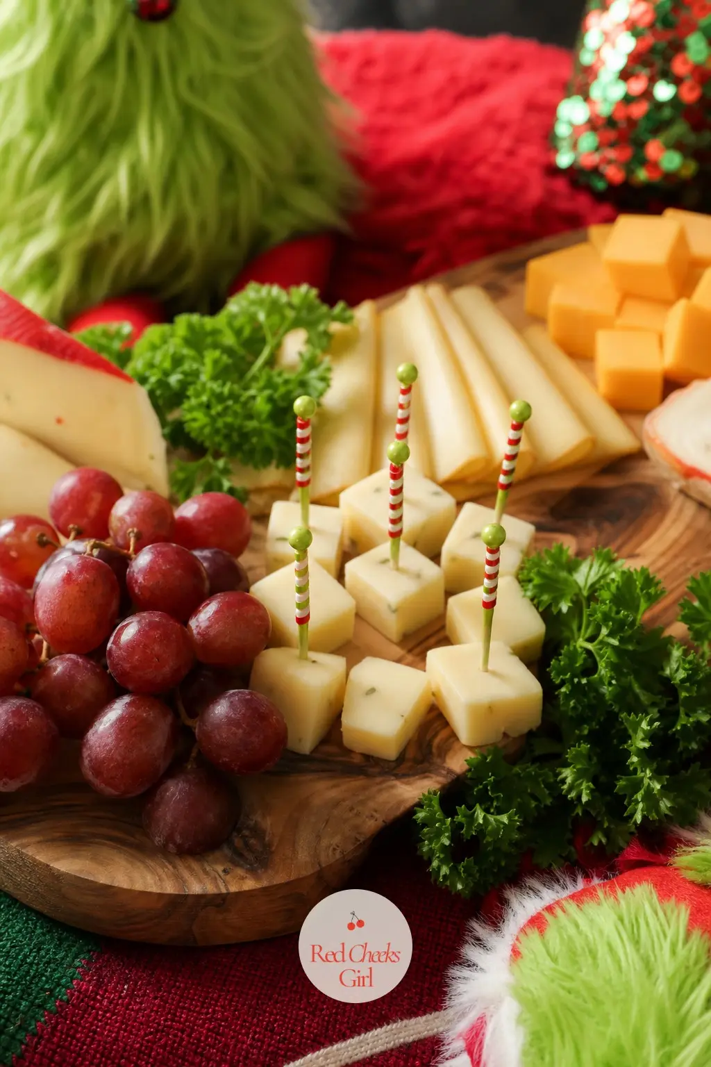 A Cheese Board That Picked Up the Palette — A plain wooden board with cherry red grapes piled at one end, a scatter of lime garnish such as pistachios or green