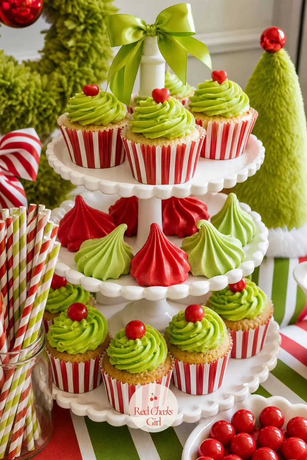 A Dessert Table in Lime, Cherry and Stripe — A tiered cake stand holding anything from cupcakes to meringues, each treat picking up lime or cherry icing, with