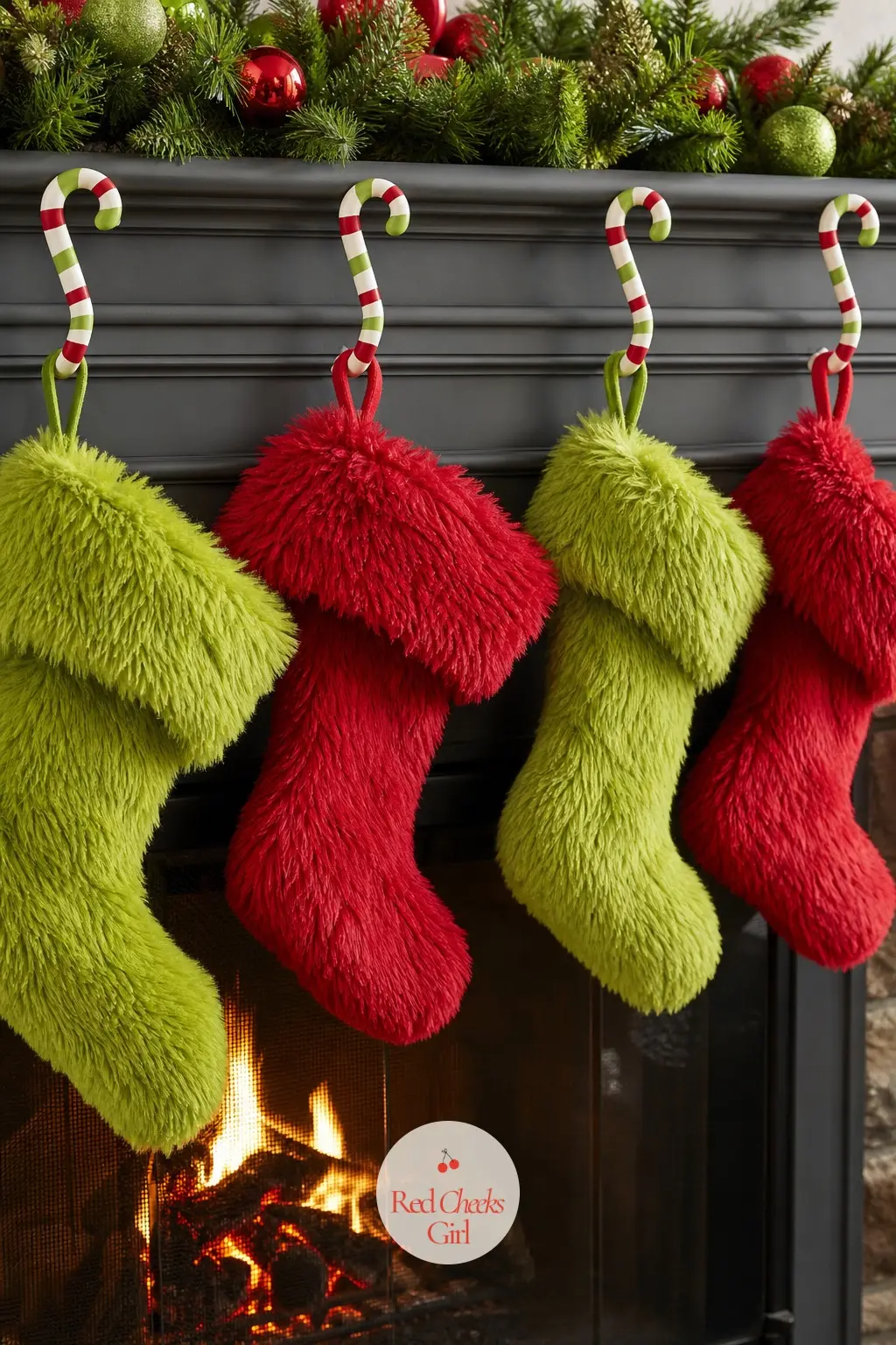 Fuzzy Stockings Hung Slightly Askew — Four fuzzy stockings, two lime and two cherry, hung at slightly different heights rather than in a perfectly even row