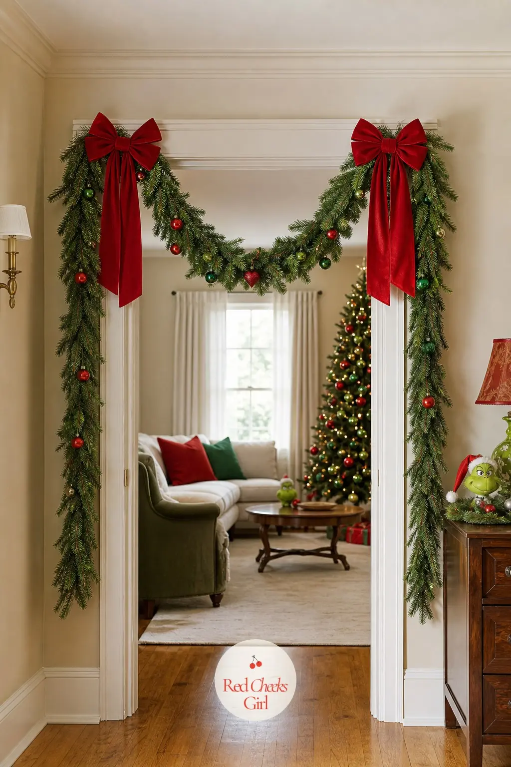A Garland Swagged Over the Doorway Between Rooms — A length of garland looped over the archway between the living room and the hall, pinned up in two uneven