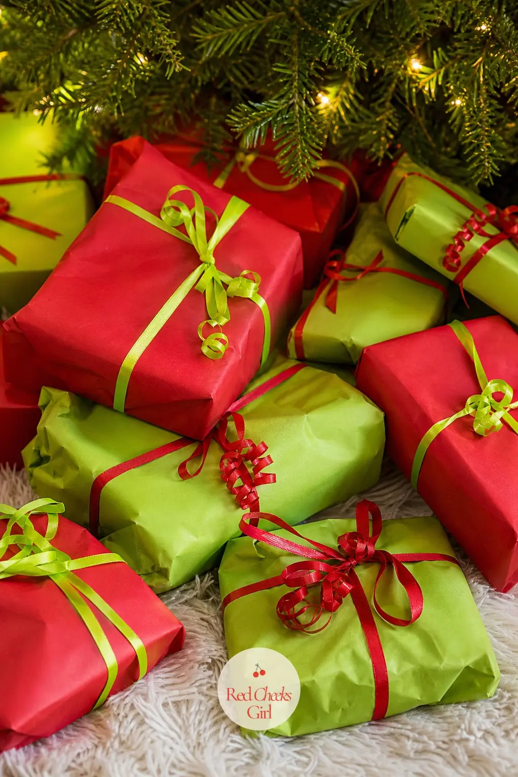 Gifts Wrapped Like They Fell Out of a Sack — Presents wrapped in alternating cherry red and lime paper, stacked under the tree at deliberately uneven angles