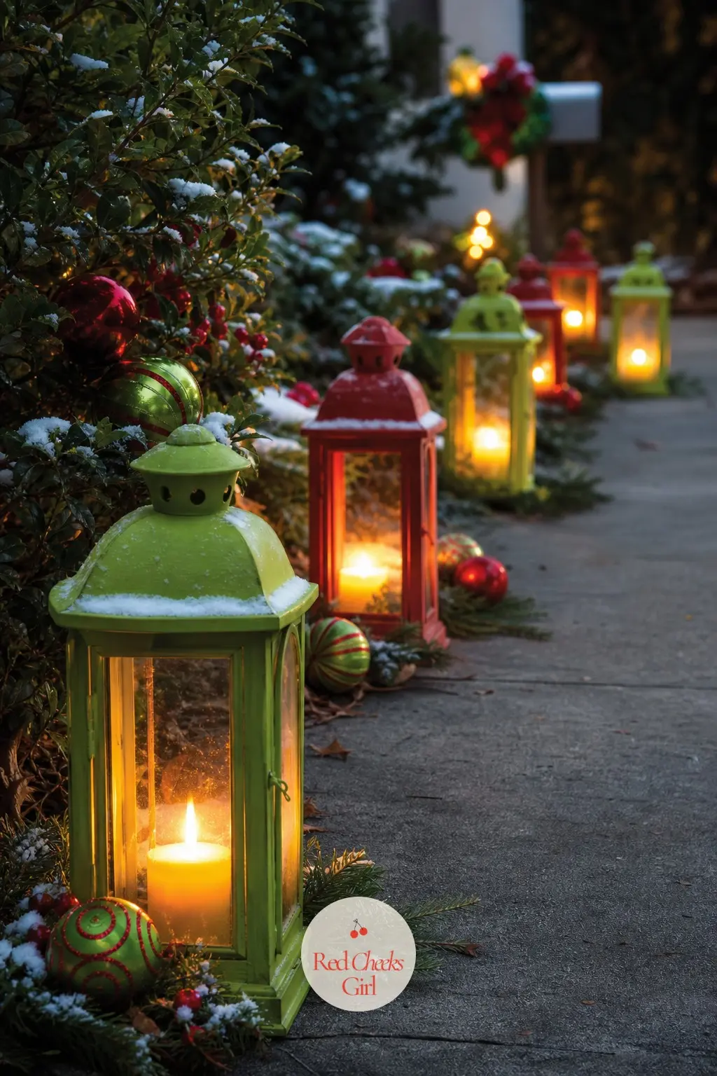 Lanterns Leaning Down the Front Walk — A row of small lanterns along the path, each with a lime or cherry base and a candle inside, deliberately spaced a