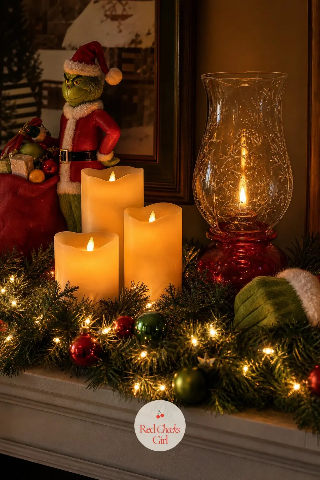 The Lighting Plan for After the Sun Goes Down — Warm white fairy lights tucked into the mantel garland, a trio of flameless pillar candles at graduated heights