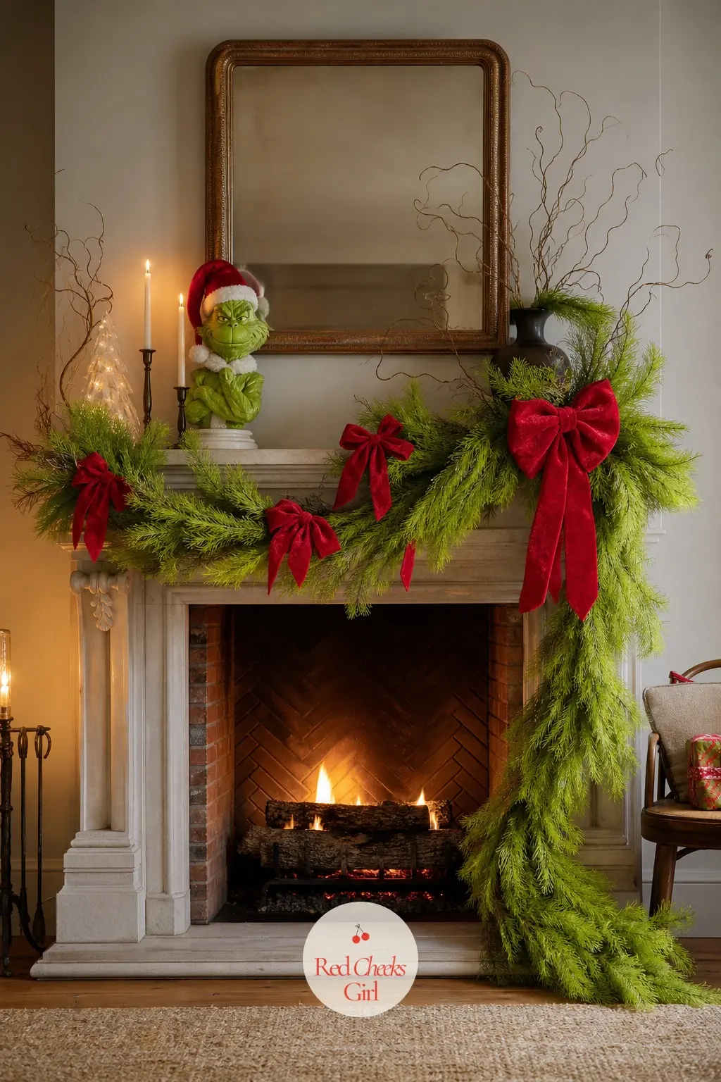 The Mantel Laid With a Crooked Green Garland — A base layer of lime-toned faux garland along the mantel shelf, draped a little unevenly rather than pinned