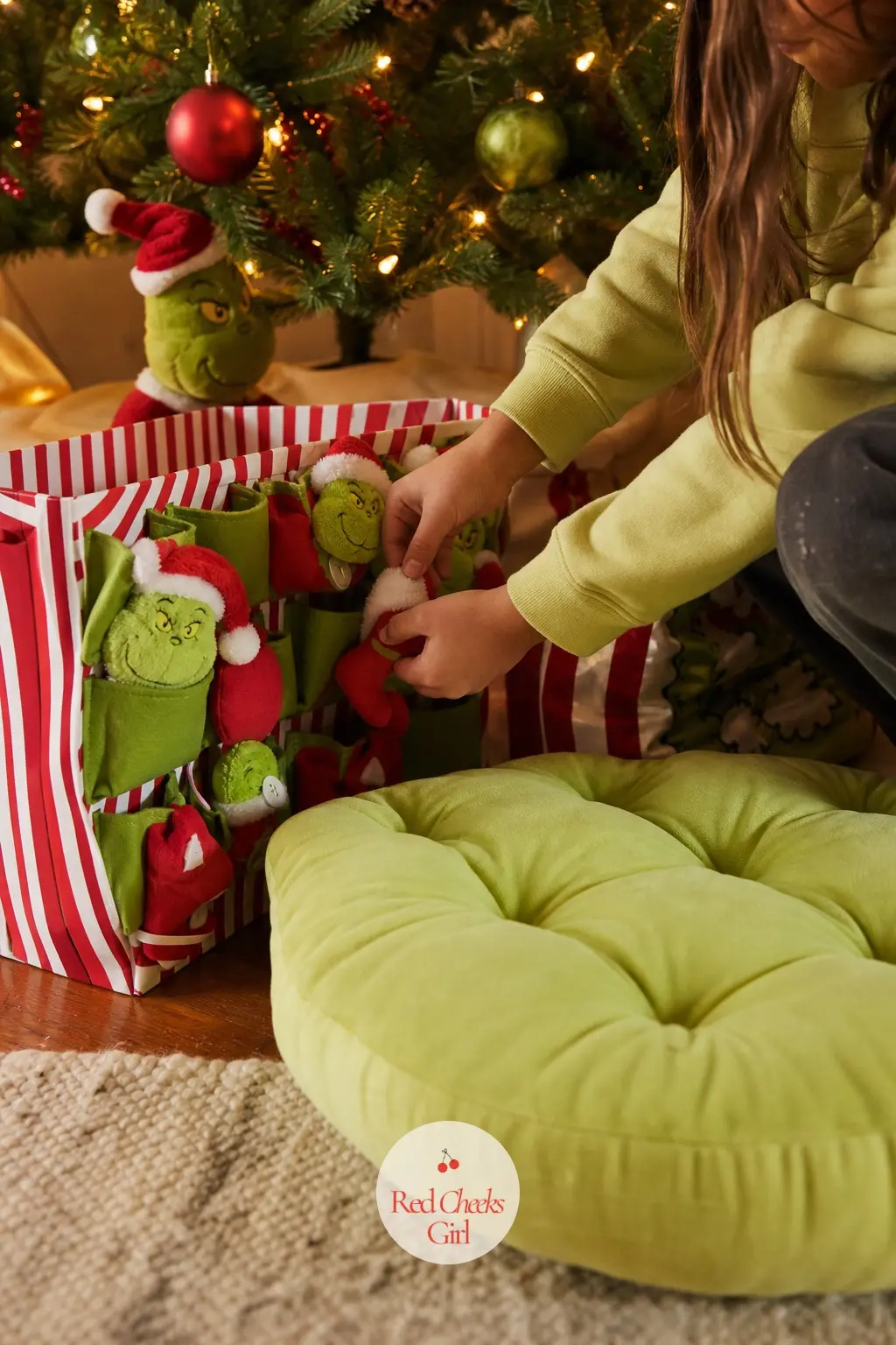 A Mischief Corner for the Kids — A low shelf or small table near the tree holding an advent calendar in the palette, a plush striped stocking sized for a