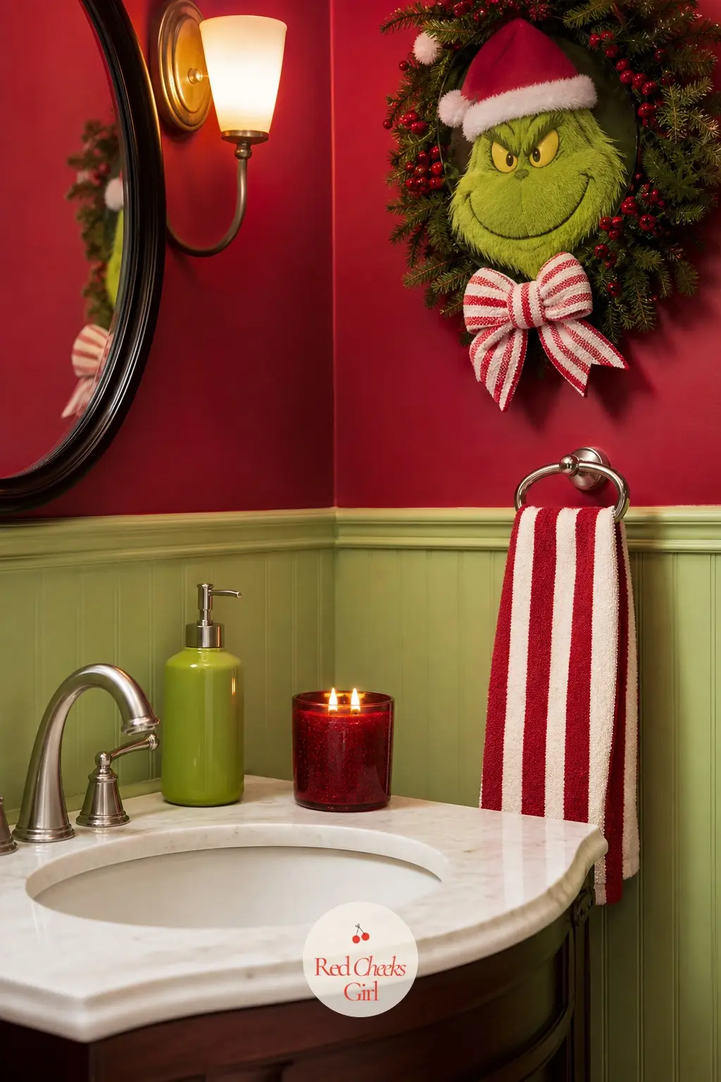 The Powder Room in Two Colours and One Joke — Two hand towels in cherry red and white stripe, a striped soap pump and one small candle are the whole brief