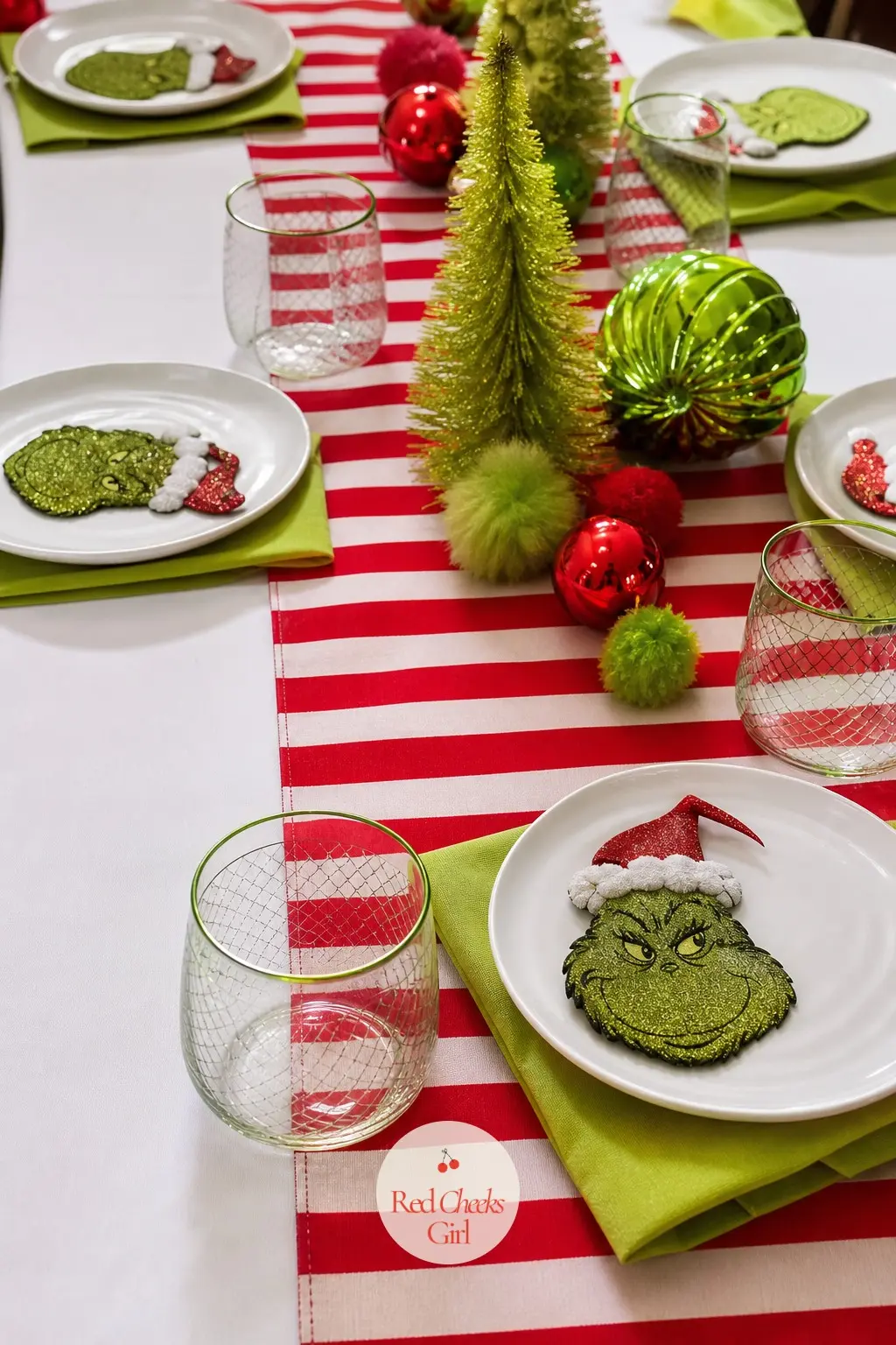 The Table Laid in Stripes Underneath Everything — A white tablecloth as the base, a wide candy-stripe runner down the centre, and cloth napkins in solid lime