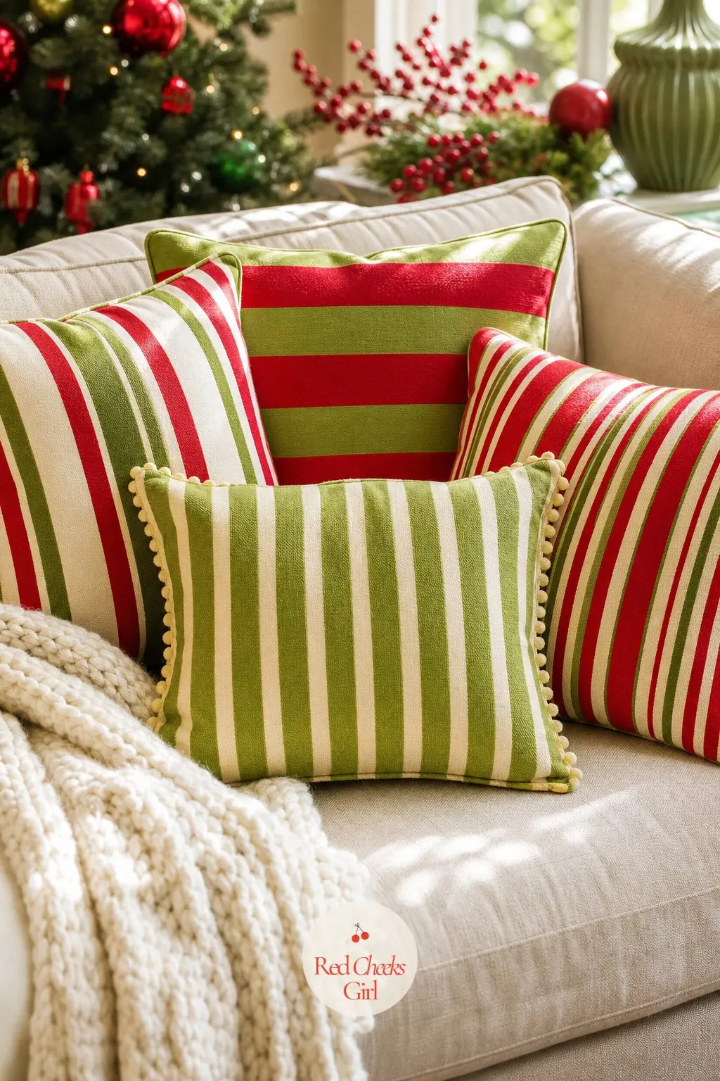 Throw Pillows in a Deliberately Clashing Stripe — Four throw pillows on the sofa, two in a bold candy stripe and two in solid lime and cherry, mixed rather