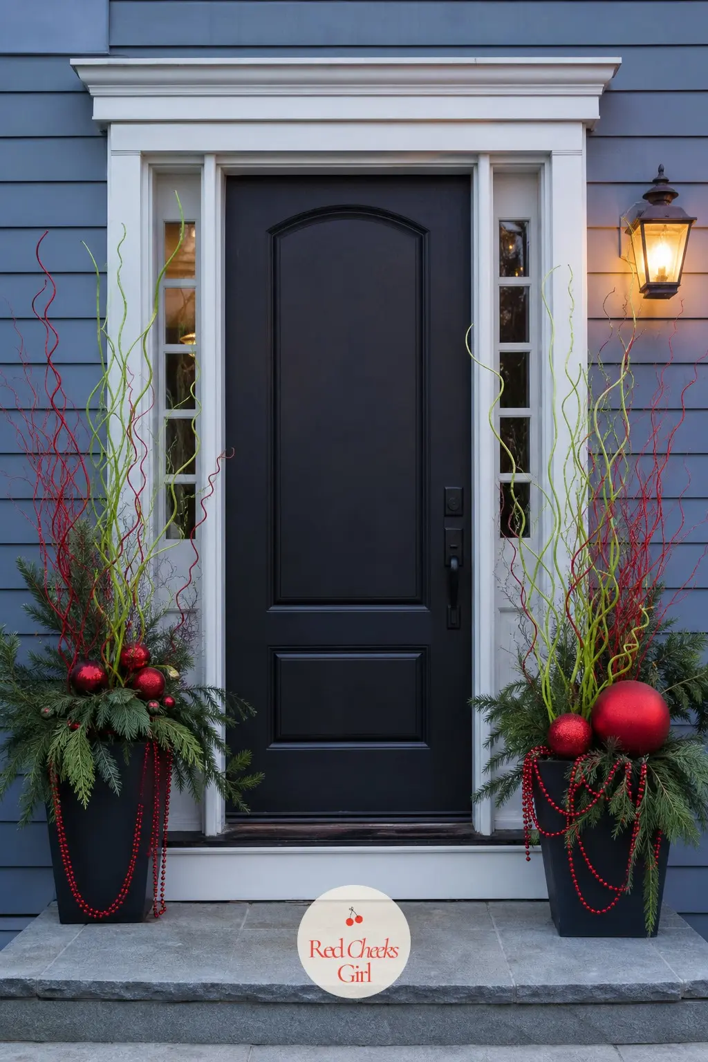 Two Lopsided Planters Flanking the Door — A pair of planters either side of the step, each stuffed with faux pine and a few curling willow stems that stand in