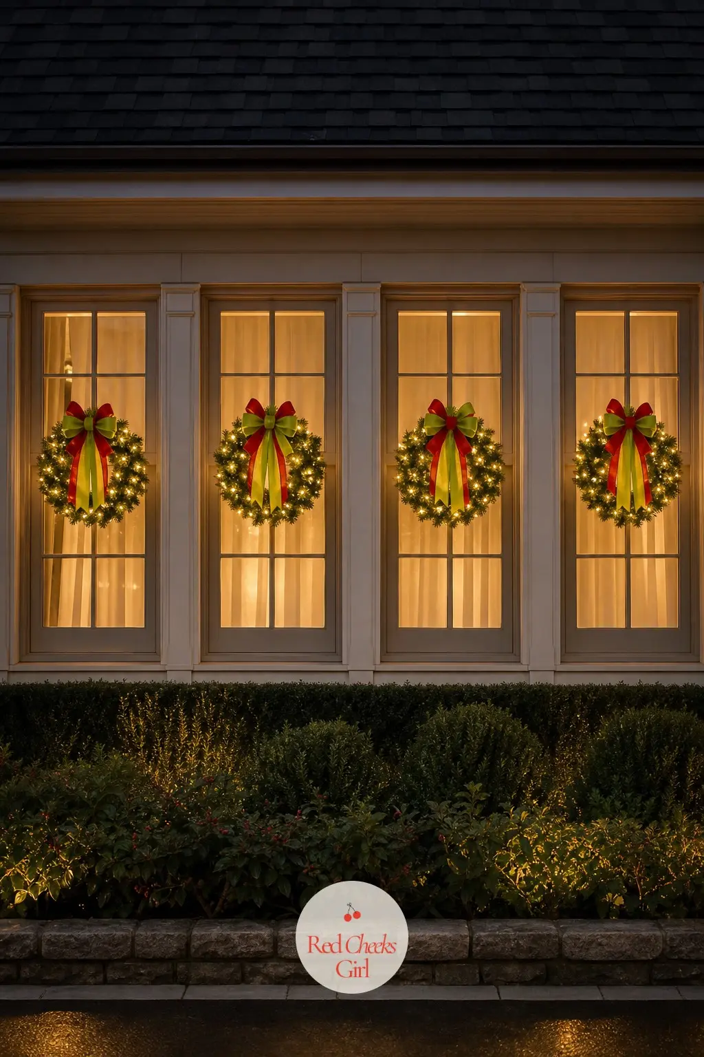 A Wreath for Each of 4 Front Windows, Lit After Dark — Small wreaths hung in each front-facing window, tied with the same white-striped ribbon as the door, so