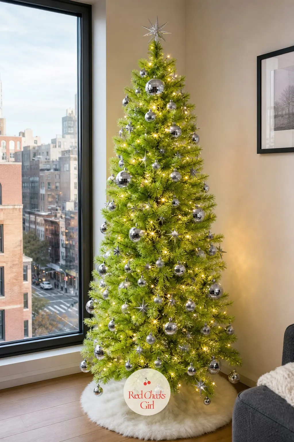 A Color-Changing LED Tree for a Whoville Skyline — A modern pre-lit tree built with colour-changing LEDs, cycling the lime body between warm white and electric