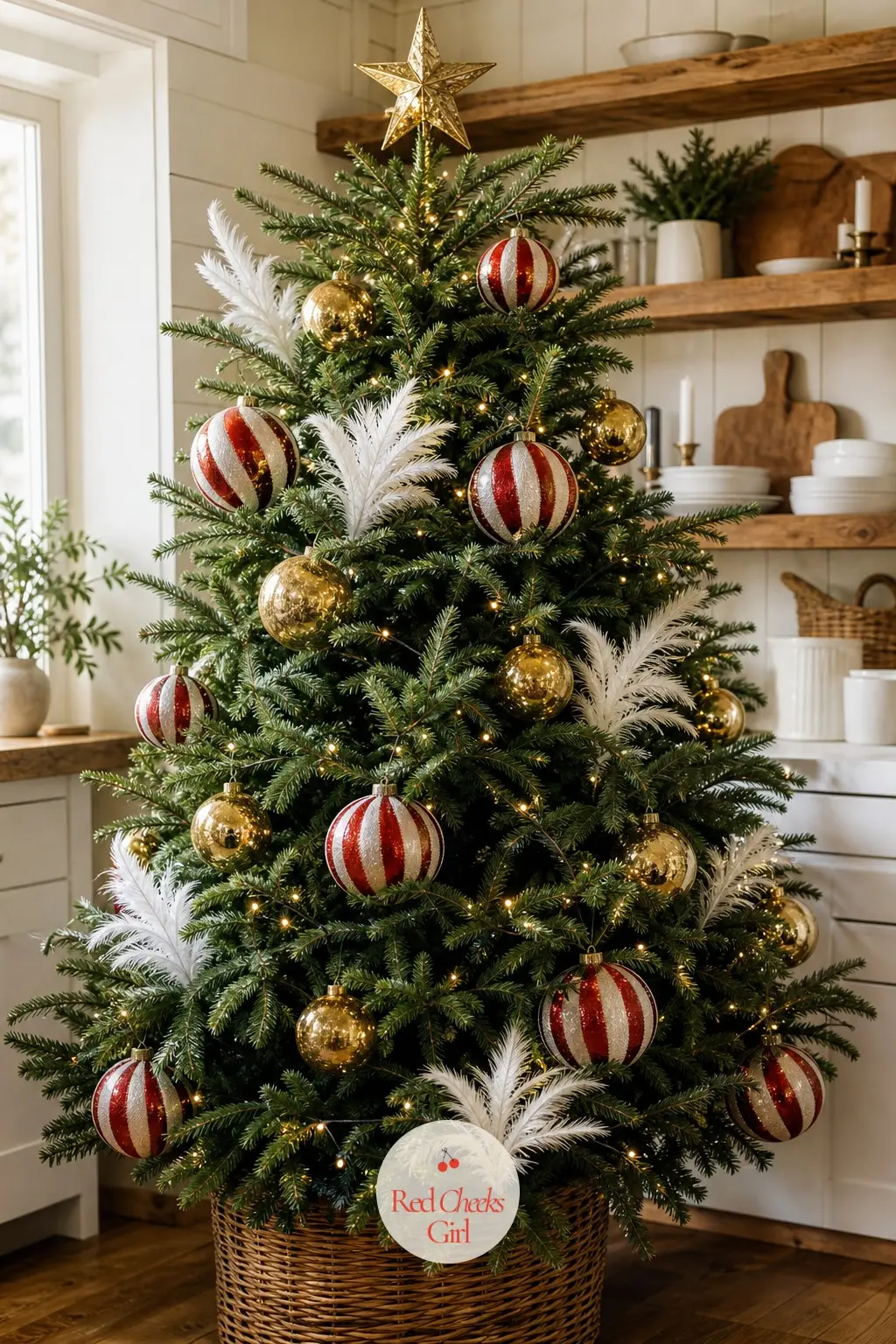 A Full Fraser Fir in Candy Red and Gold — A real Fraser fir, full and wide rather than slim, dressed in candy red, white and gold instead of any lime at all.