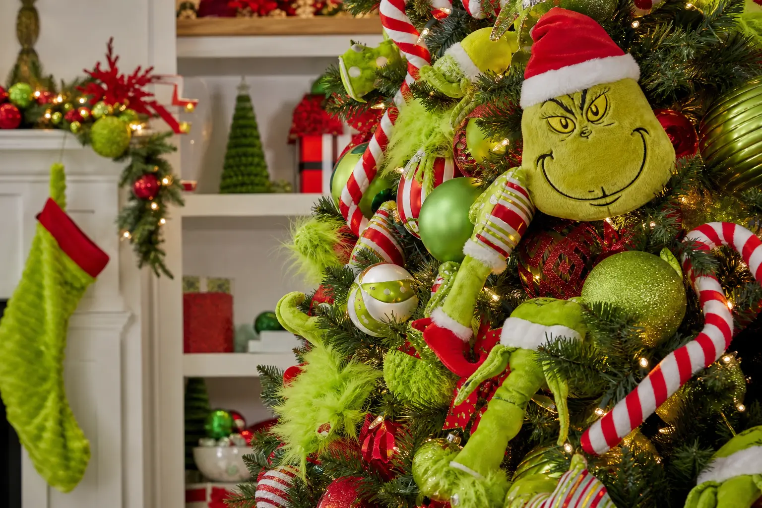 Grinch Christmas Tree Ideas: 14 Lime-Green, Candy-Striped Looks With a Grinning Plush Topper