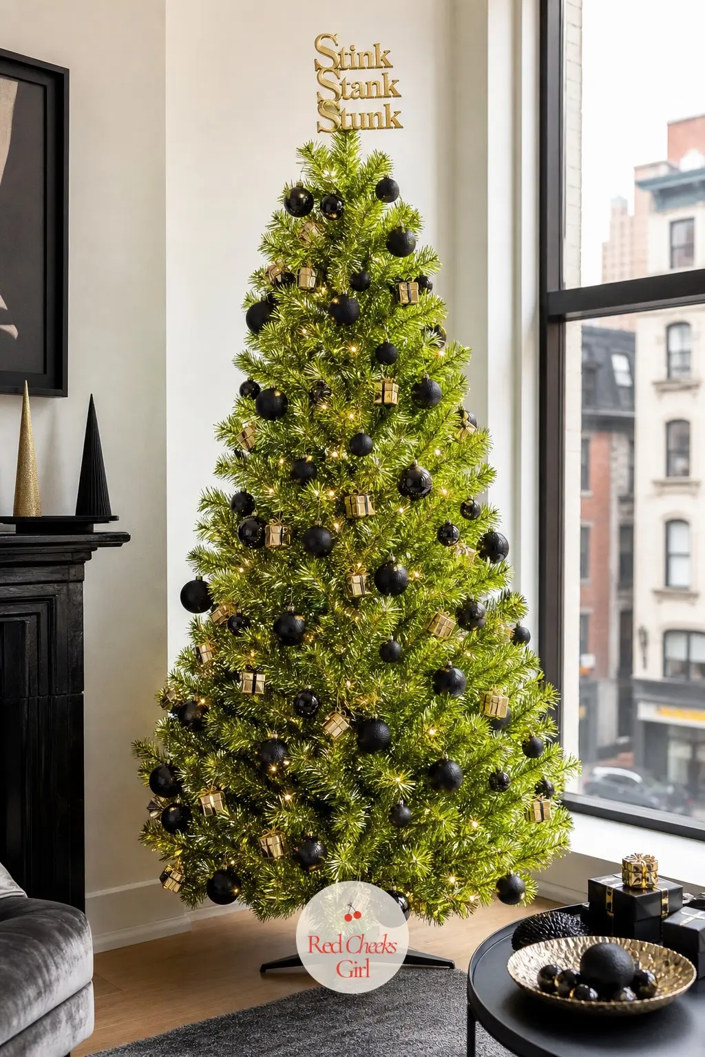 A Lime Tinsel Tree Signed Stink Stank Stunk — A retro metallic tinsel tree in lime green, the kind that catches light completely differently from flocked or