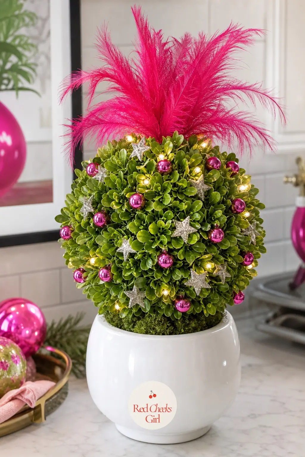 A Lime Topiary on the Counter — An artificial lime green topiary, round and compact rather than tree-shaped, built for a kitchen counter where a full tree