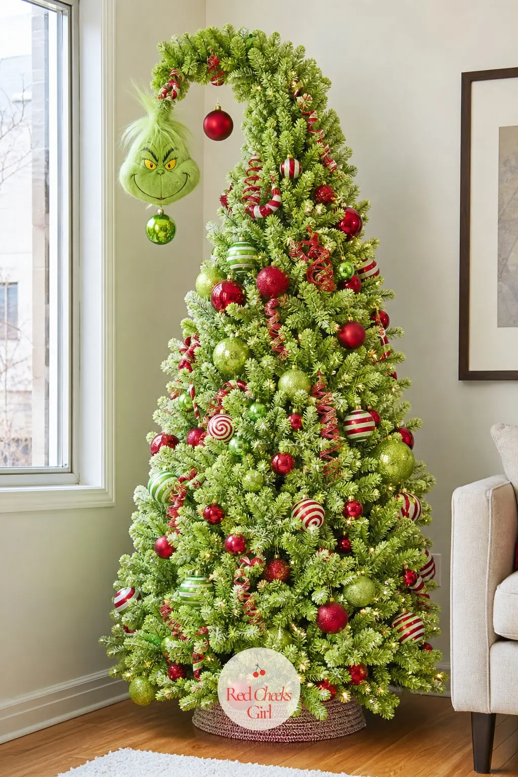 A Lime-Flocked Tree With a Grinch-Bent Top — This is the most literal reading in the whole lineup: an artificial tree flocked lime green from base to crown