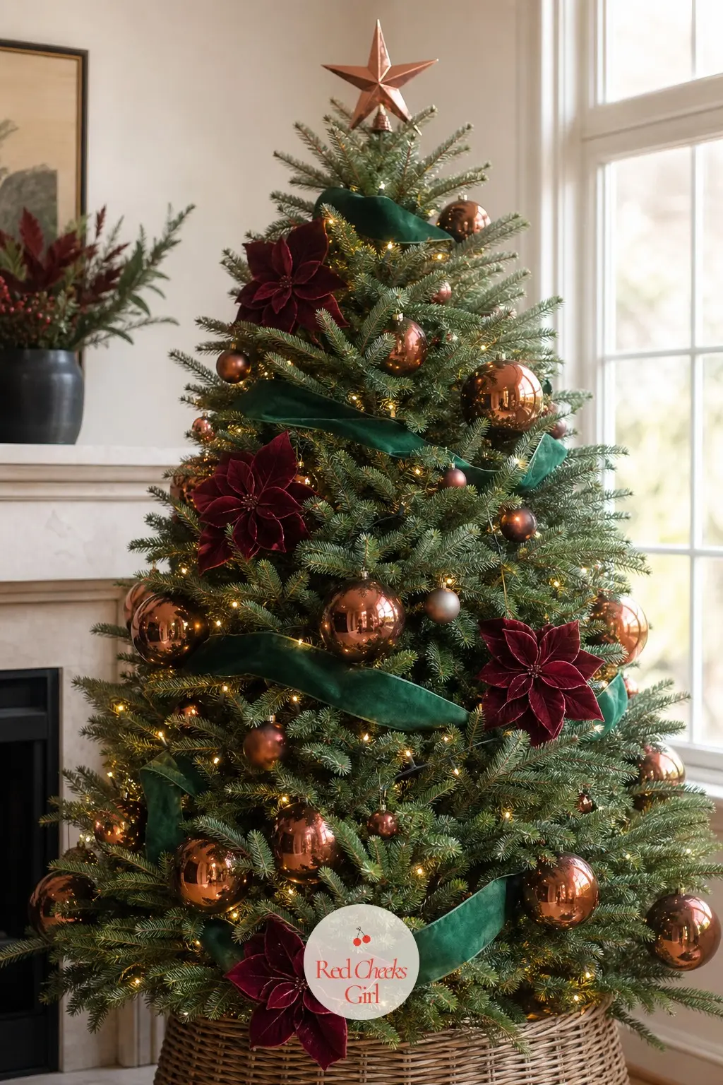 A Noble Fir Dressed in Oversized Copper — A real noble fir, full and wide, built around scale rather than any character prop: jumbo copper glass baubles and