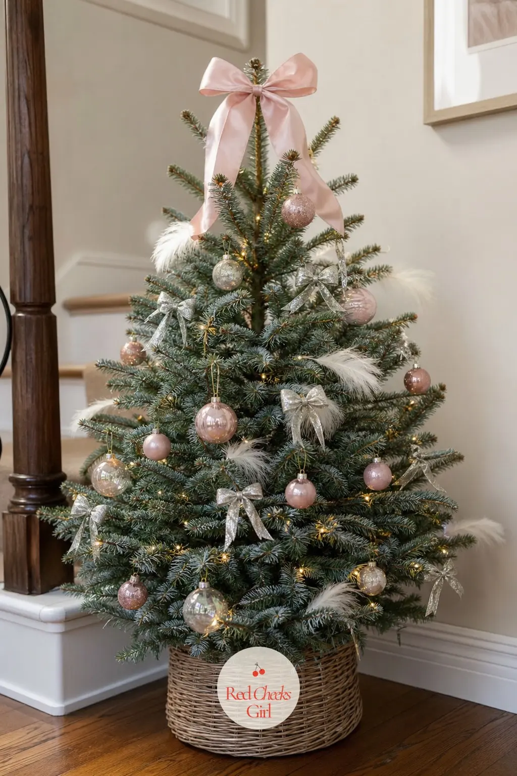 A Potted Blue Spruce for Cindy Lou Who — A real, small potted blue spruce, still growing, dressed in blush pink and silver instead of any red or lime at all.