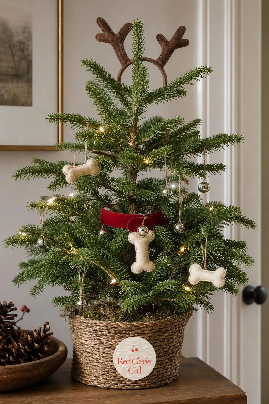 A Potted Norfolk Pine for Max the Dog — A real, small potted Norfolk Island pine, still growing, dressed as a nod to the loyal dog in the story rather than the
