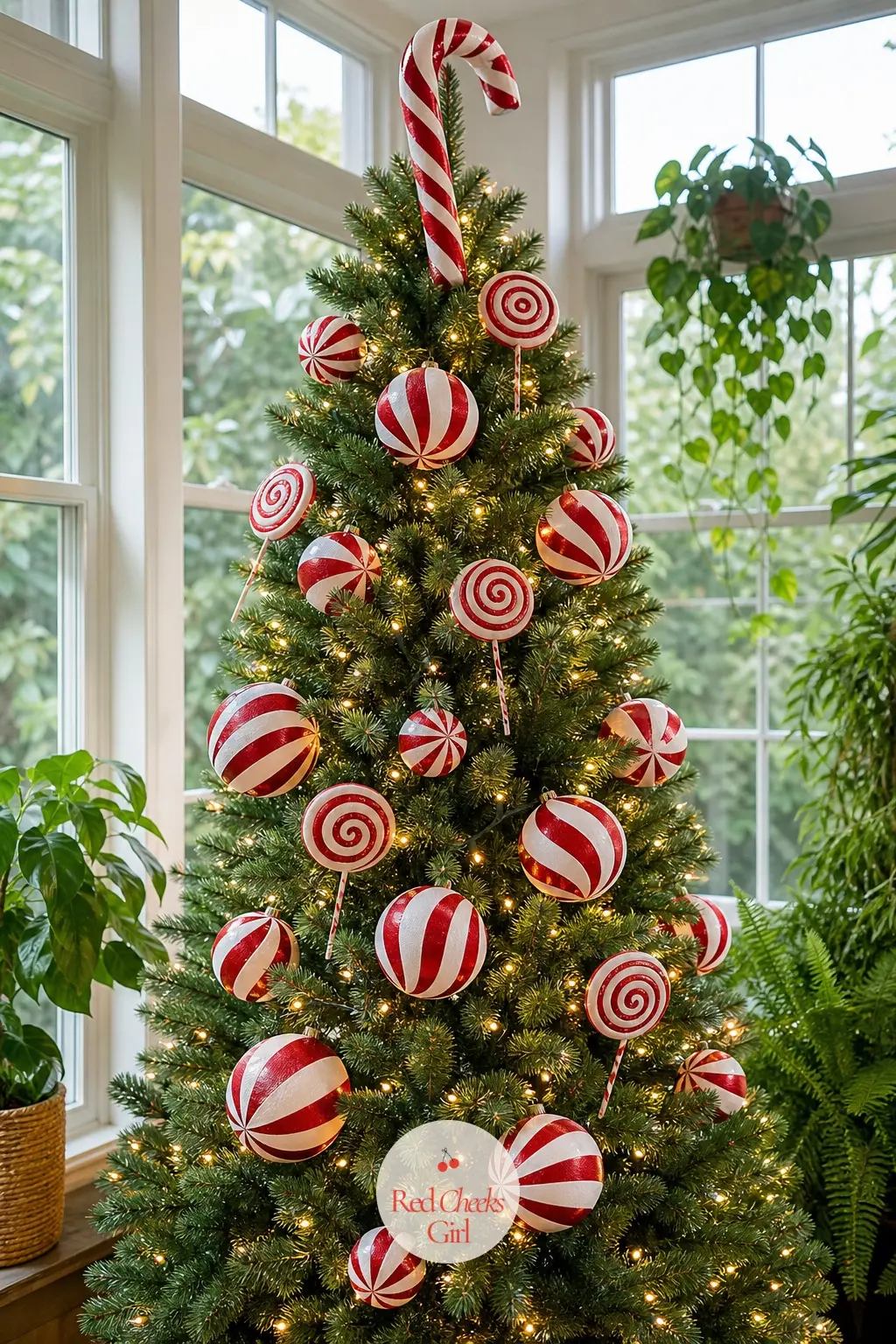 A Pre-Lit Pine Strung With Giant Peppermints — A pre-lit artificial tree in ordinary full green, built around giant peppermint swirl ornaments rather than gold