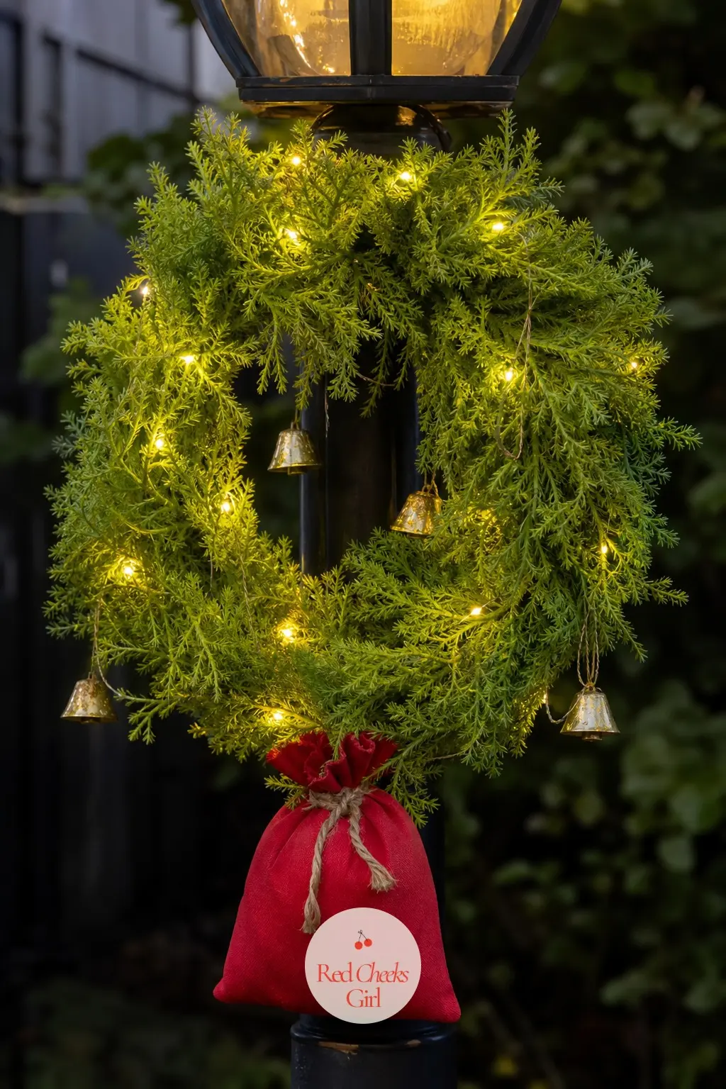 A Lime Green Wreath Wrapped in Battery Lights With a Stolen Sack for the Back Porch Lamp Post — For a post rather than a door, a simple lime greenery wreath