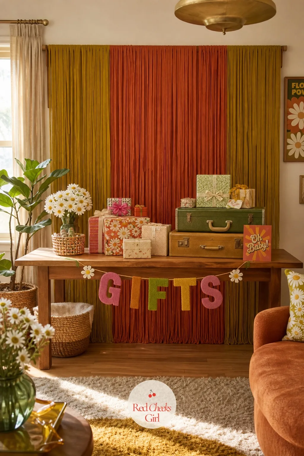 Fringe Curtain Gift Table — The gift table sits in full view for most of the party, long before anyone touches a present, so it deserves the same styling as