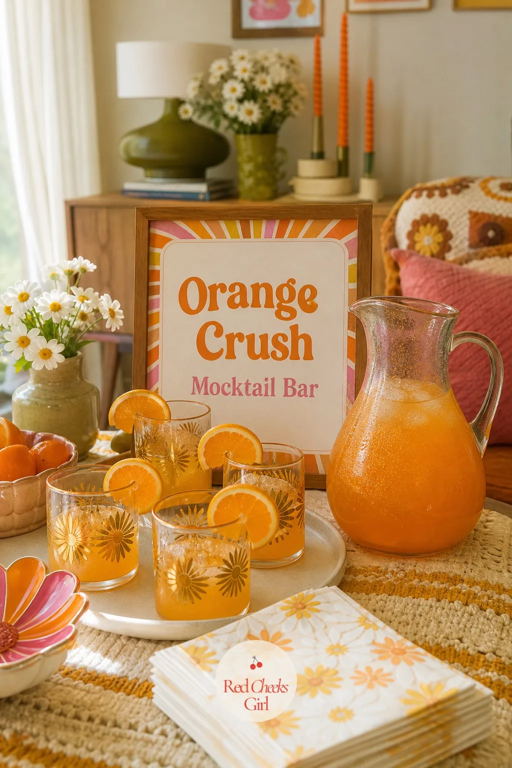 Orange Crush Mocktail Bar — She should not have to explain all afternoon why her glass looks different from everyone else's. Groovy baby shower ideas