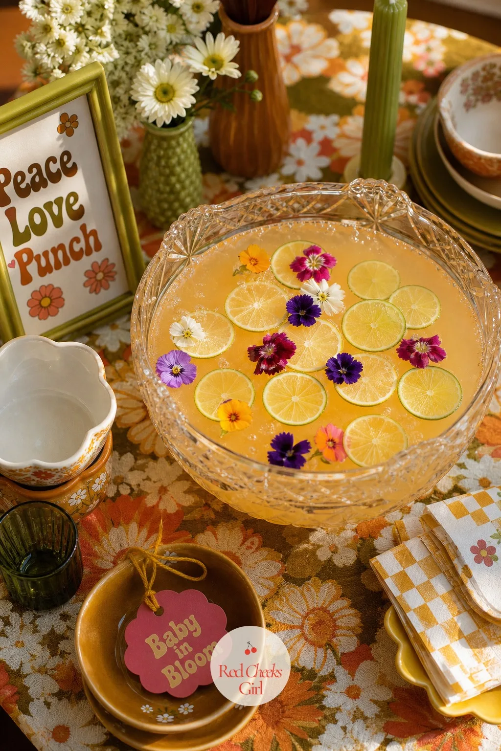 Peace Love Punch Bowl — Every shower needs one big, shared drink in the middle of the table that nobody has to pour themselves. Groovy baby shower ideas