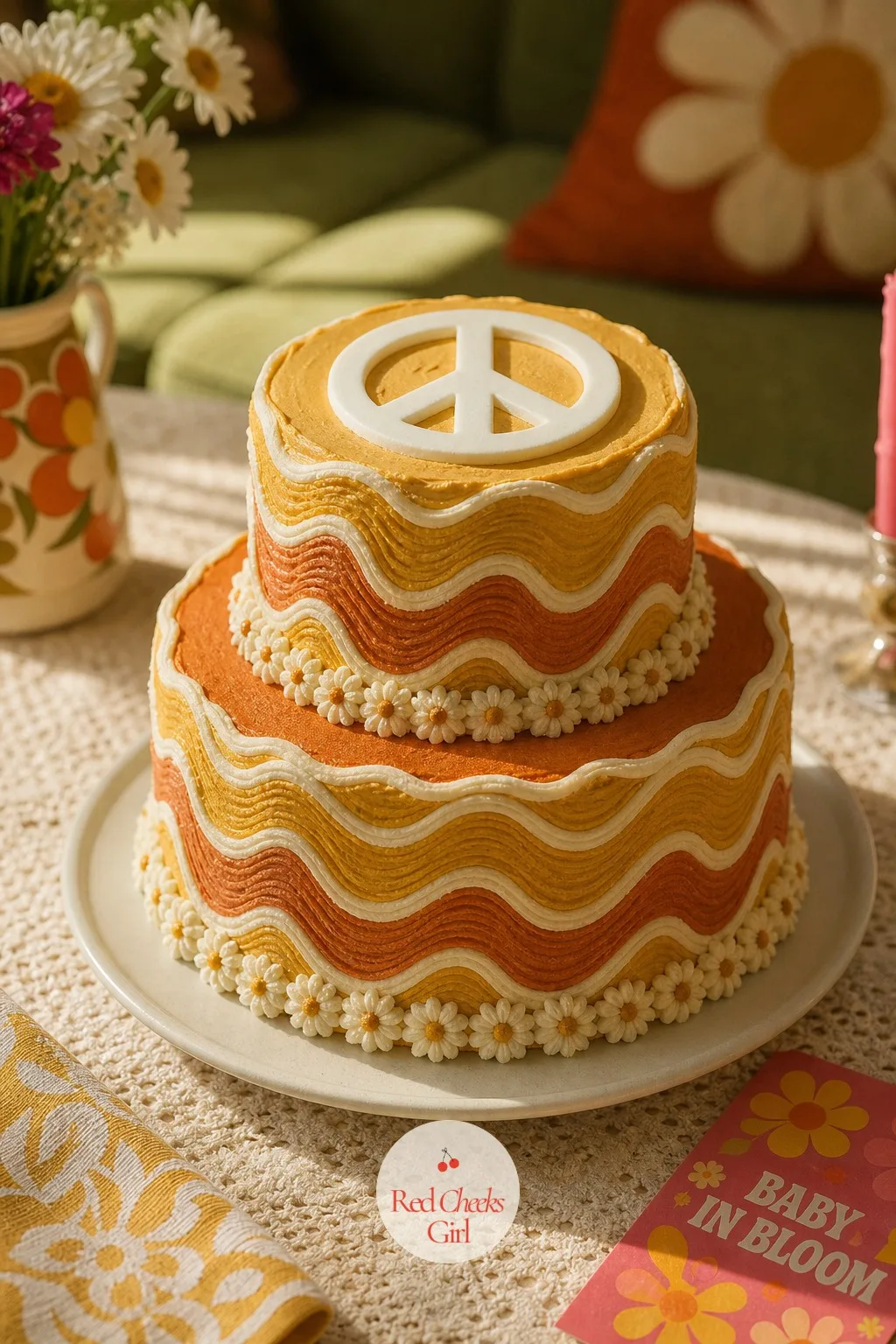 Peace Sign Swirl Cake — The cake is the one thing every guest photographs before it is cut, so it carries more of the theme than anything else on the table.