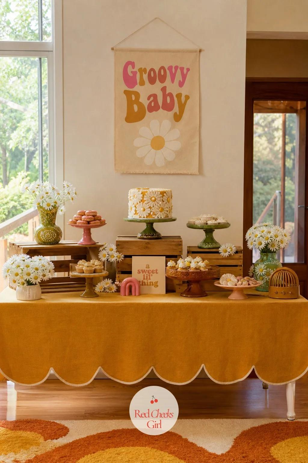 Record Crate Dessert Table — A dessert table only looks styled when the surface itself has something going on underneath the food. Groovy baby shower ideas