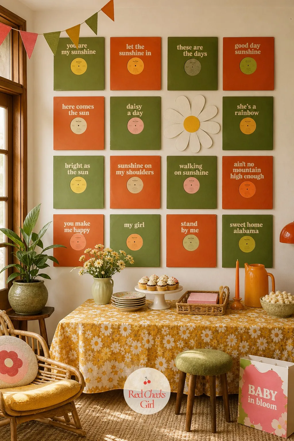 Record-Sleeve Wall — A backdrop earns its place by doing more than filling space behind the cake table. Groovy baby shower ideas