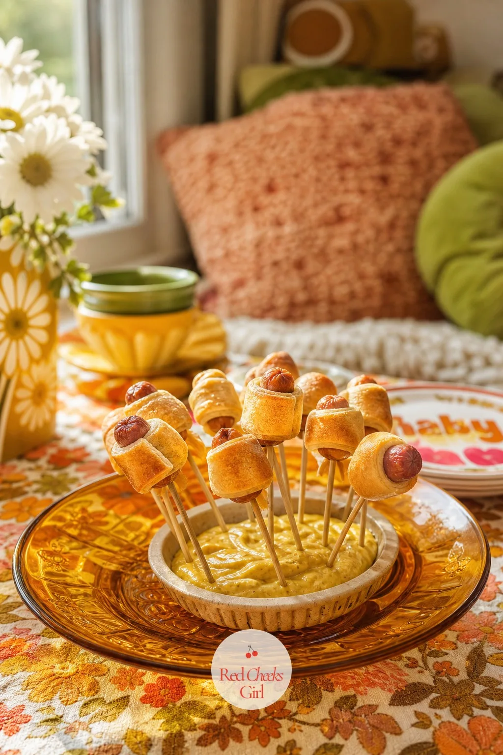 Retro Pigs In A Blanket Skewers — Guests eat with their hands at a shower, and a skewer gets passed around a room faster than anything requiring a fork. Groovy