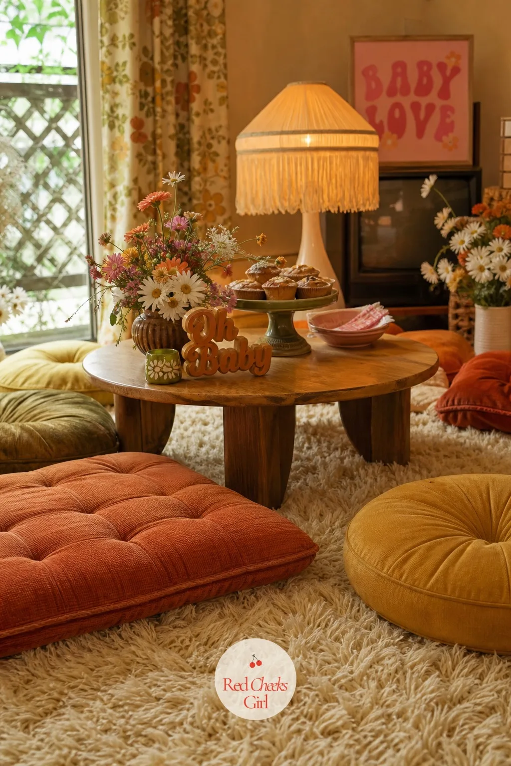 Shag Rug Lounge Corner — Not every photo spot needs a prop wall. Groovy baby shower ideas