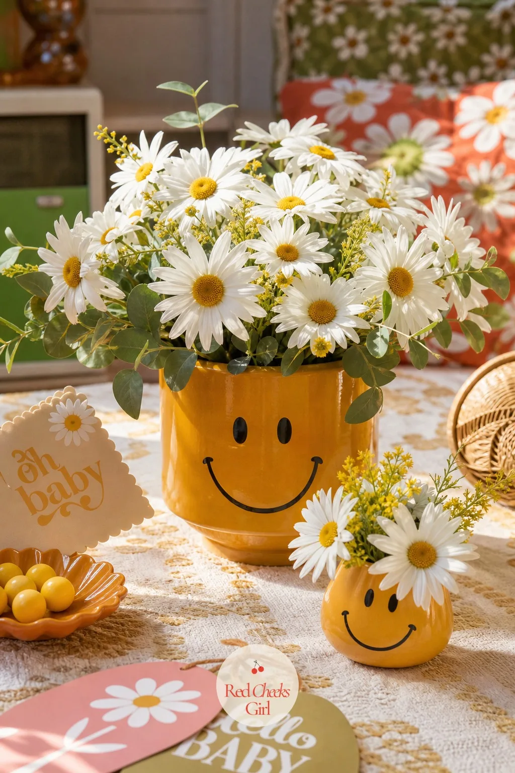 Smiley Daisy Pot Centerpiece — Every table does not need the same arrangement. Groovy baby shower ideas