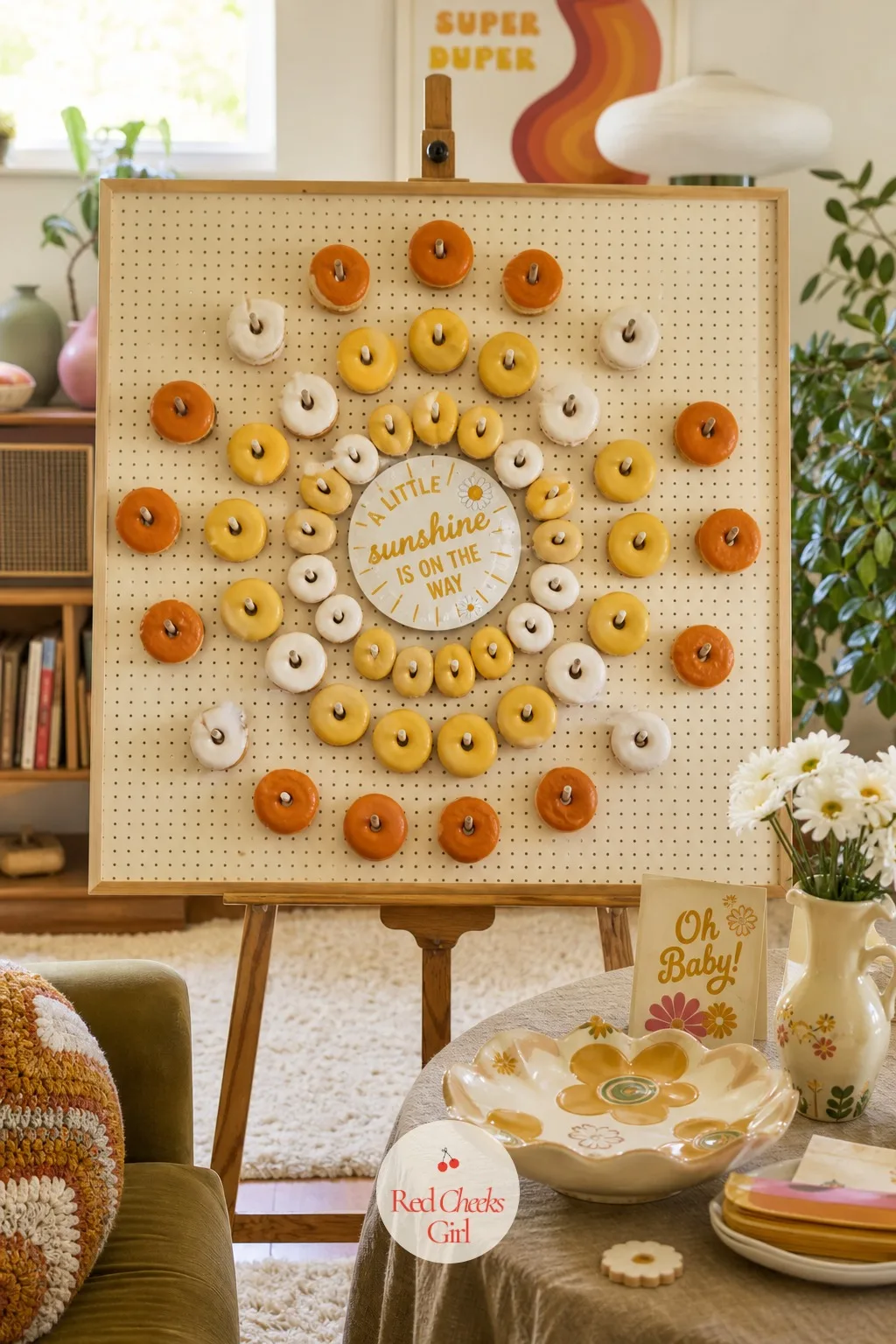 Sunburst Donut Wall — A donut wall gives guests something to graze on without a cake knife involved, and arranged right it becomes its own piece of decor