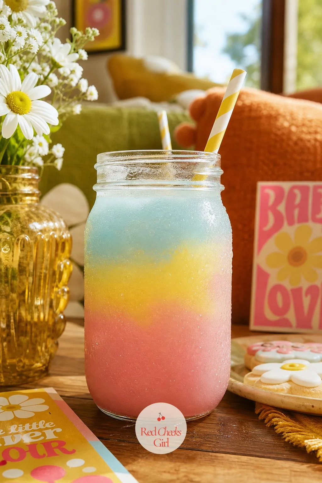 Tie-Dye Lemonade Jars — One drink that visually matches the invitation ties the whole afternoon together without anyone noticing the effort it took. Groovy