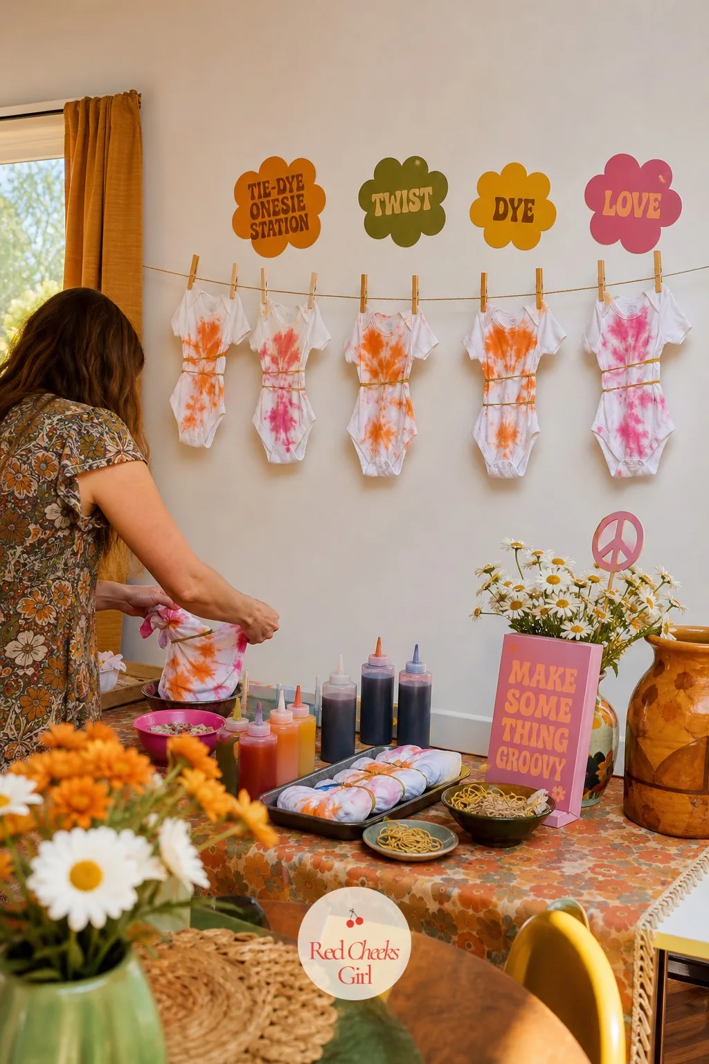 Tie-Dye Onesie Station — Guests like to leave a party with something they made, not just something they ate. Groovy baby shower ideas