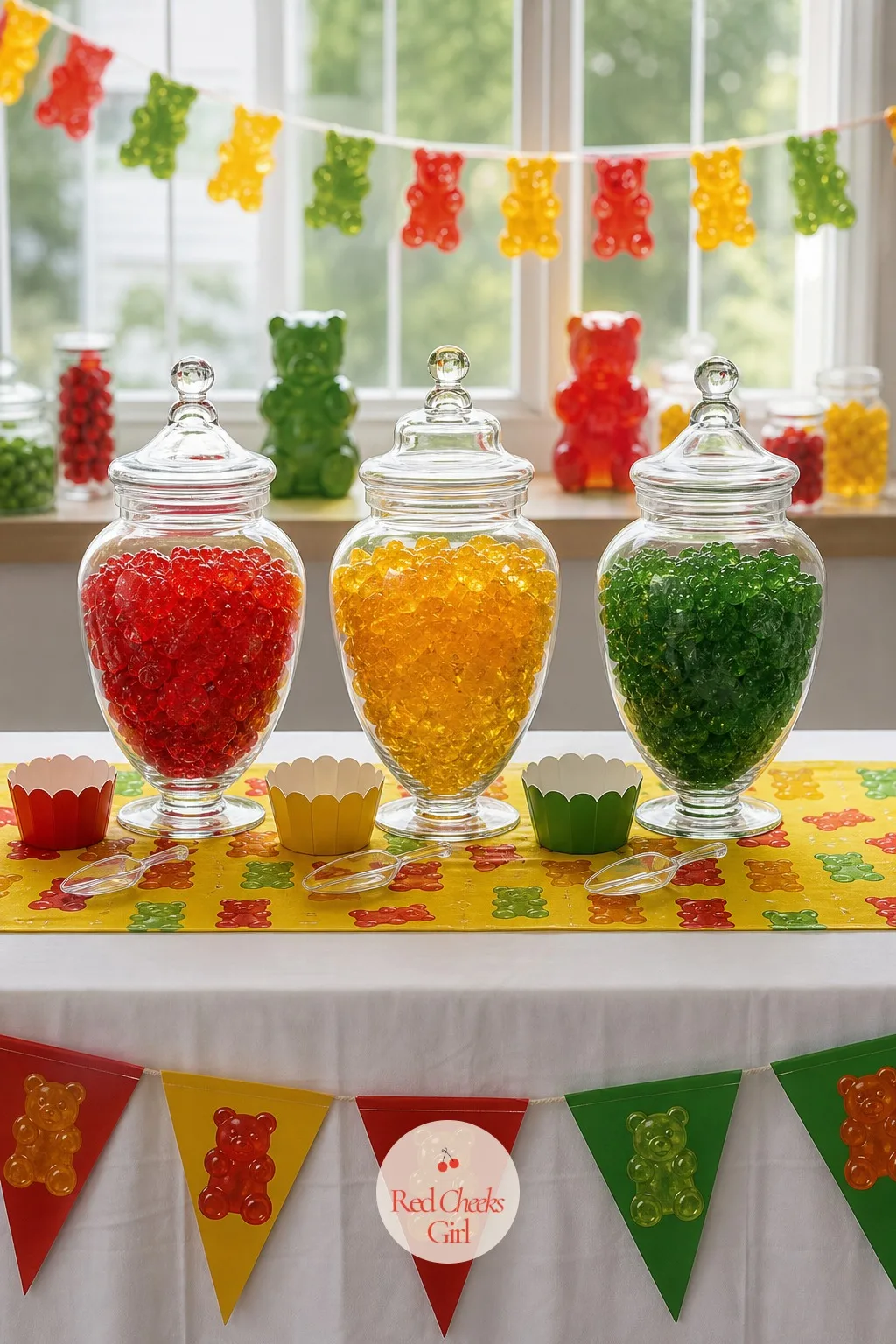 Candy Table with Jars of Gummies — She doesn't need to bake a single thing for this one, which is already more than enough of a relief. Gummy bear birthday