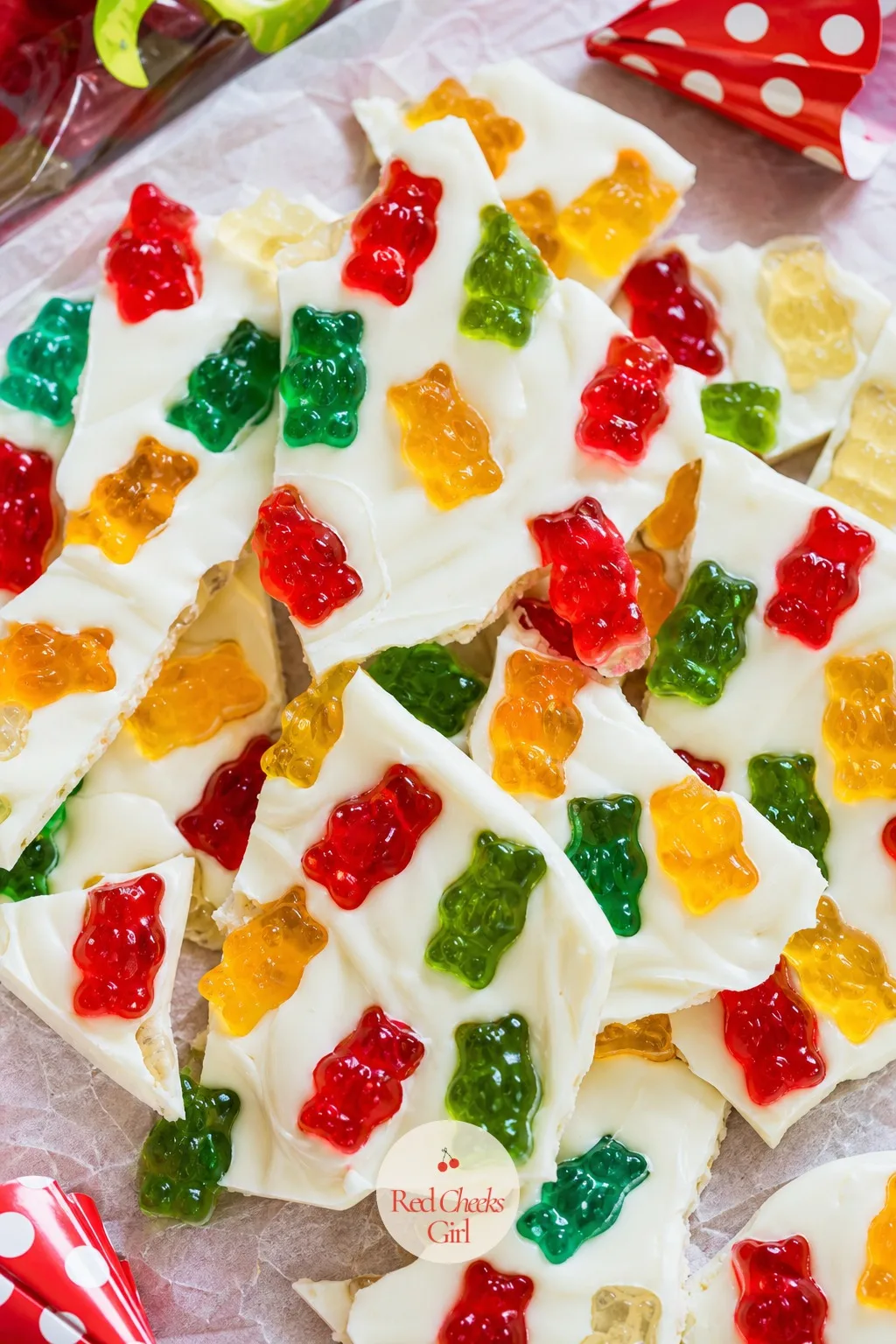 Gummy Bear Candy Bark — No oven needed beyond melting chocolate for this one. Gummy bear birthday party