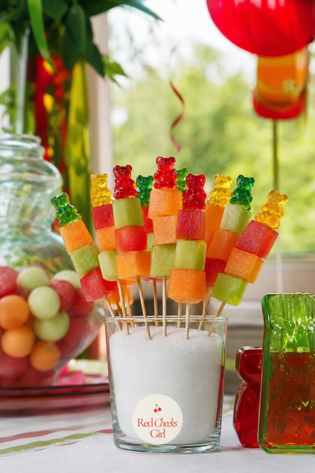 Gummy Bear Jelly Fruit Skewers — A slightly healthier stop on the candy table, if anyone is counting. Gummy bear birthday party