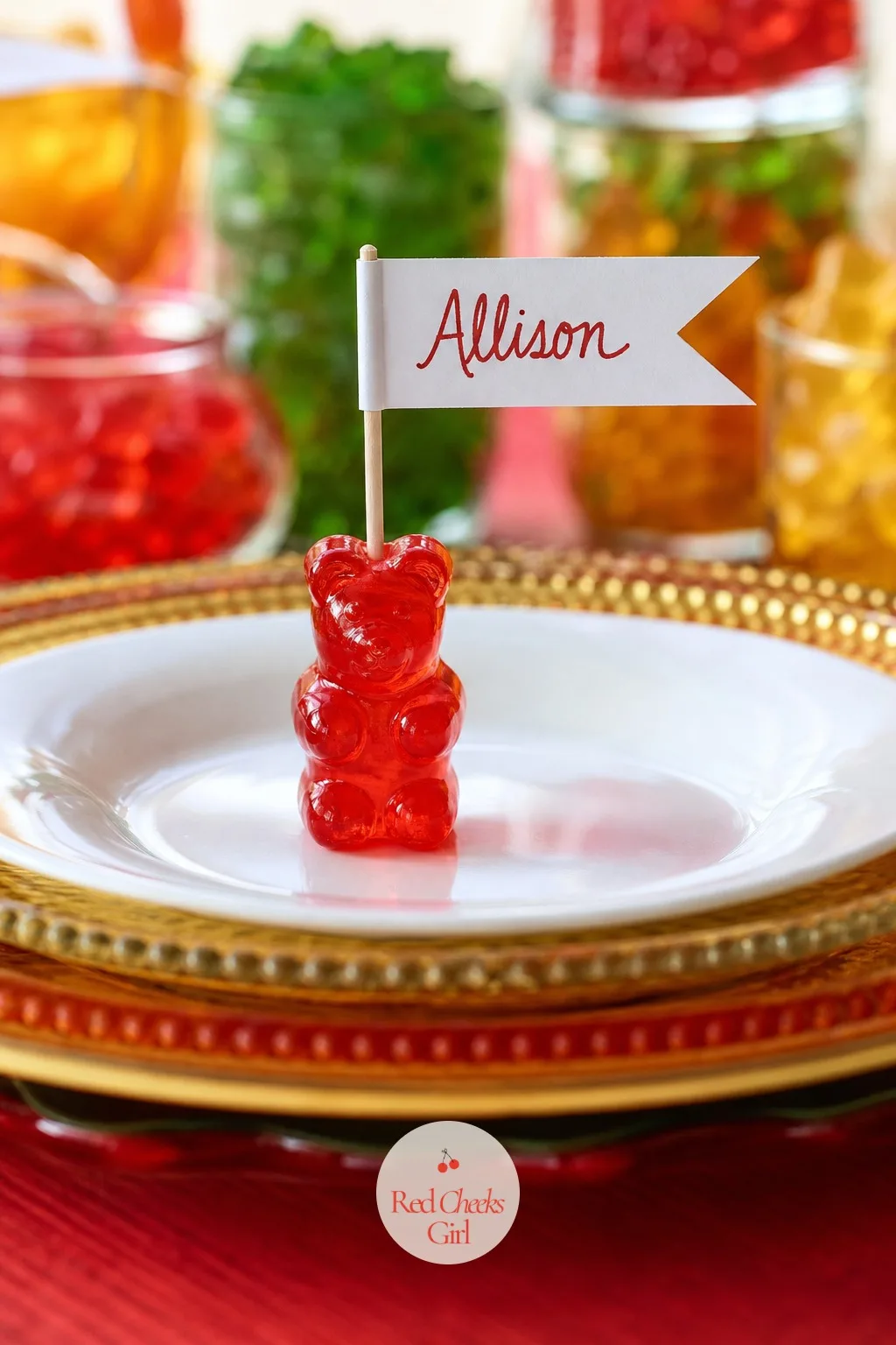 Gummy Bear Place Card Holders — A nice table touch that nobody expects to see at a kids' party. Gummy bear birthday party