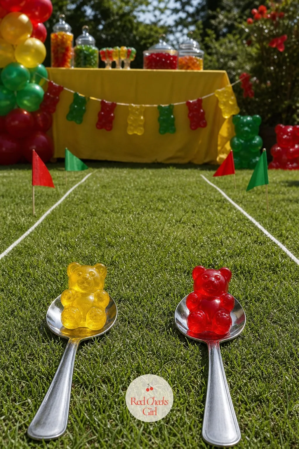 Gummy Bear Spoon Relay — Split guests into two lines, hand the first player in each a spoon balancing one large gummy bear, and send them to a marked turning