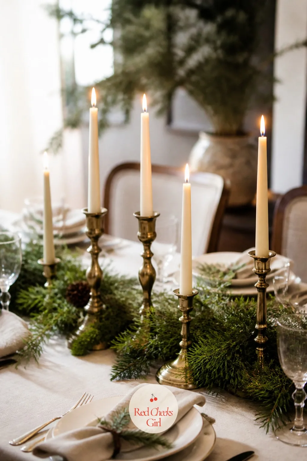 A Centerpiece of Candles and Cut Greenery — A single vase of flowers in the middle of the table looks borrowed from a different season entirely. Hallmark