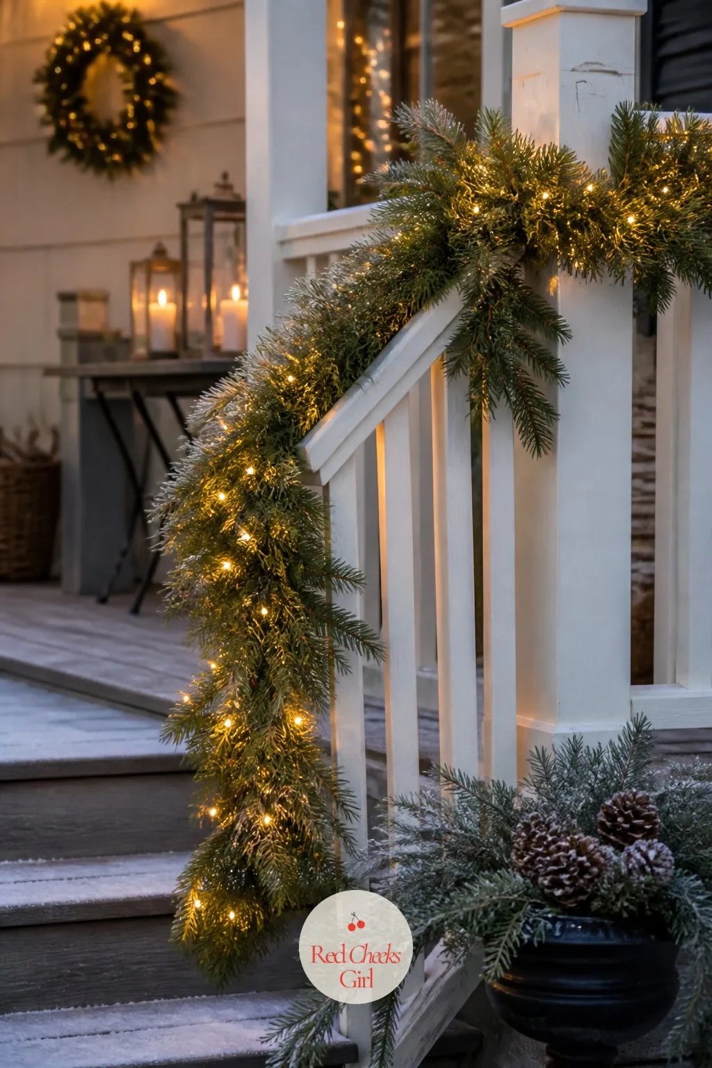 Garland Along the Porch Rail, Heavy and Lit — A bare porch rail is the first thing a guest notices, even if she could not say why the house feels unfinished.