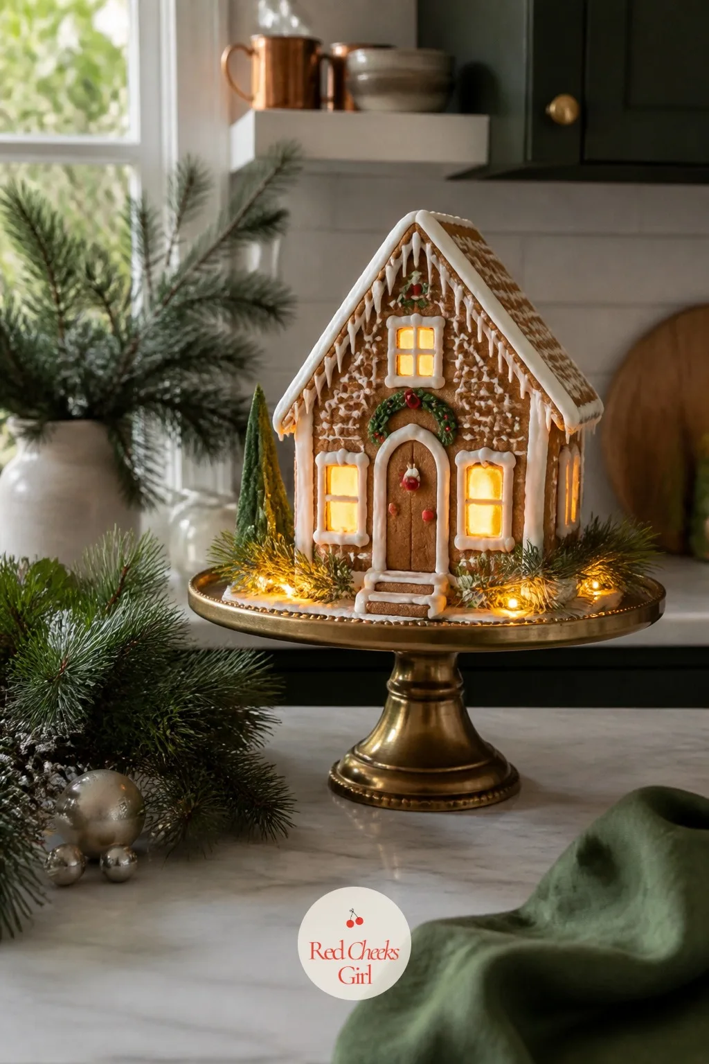 A Gingerbread House on Its Own Little Stage — A gingerbread house shoved to the end of the counter among the mail looks like nobody is proud of it, even when