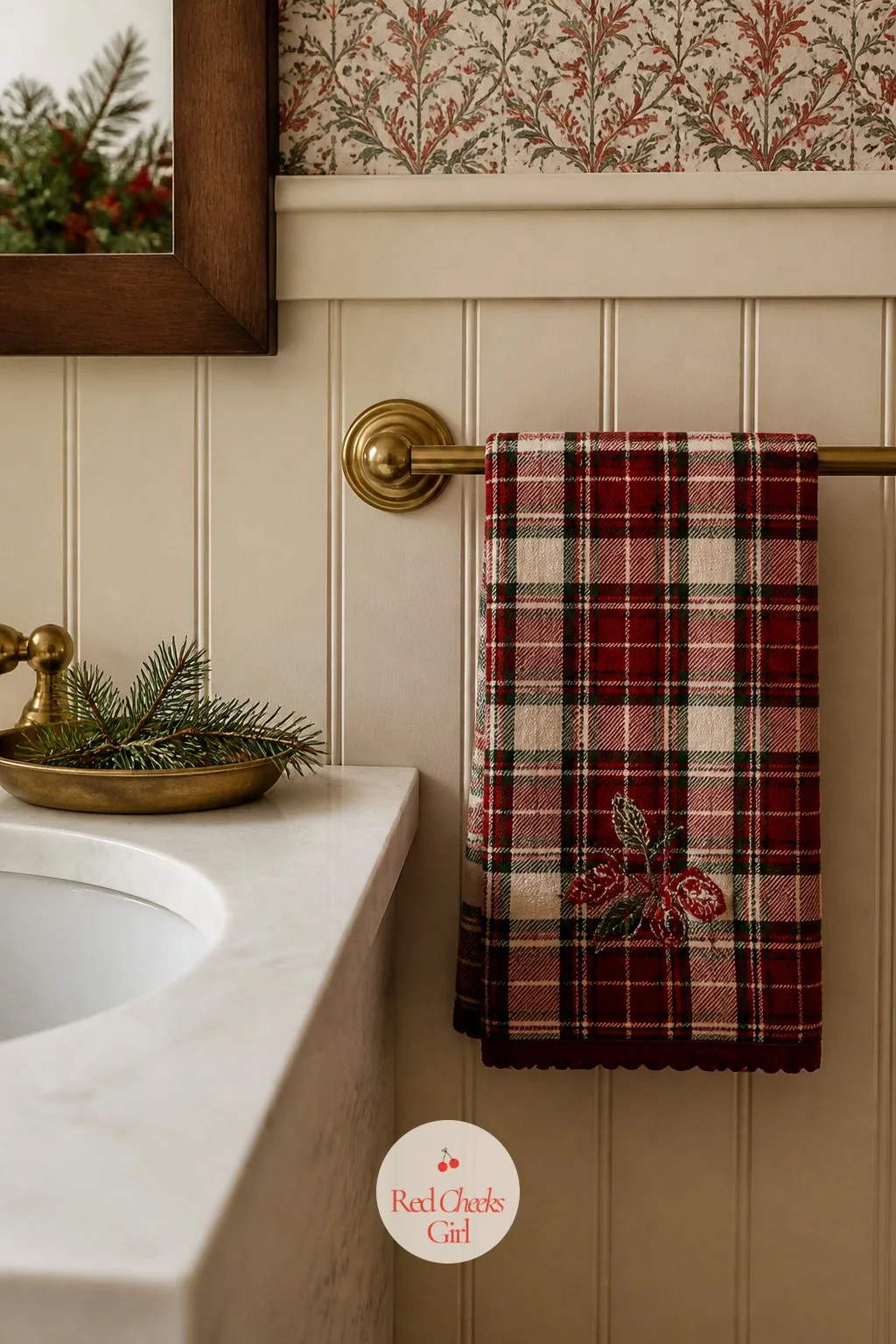 Hand Towels by the Sink, Embroidered or Plaid — A plain white hand towel in the guest bathroom is the one detail that quietly undercuts an otherwise finished