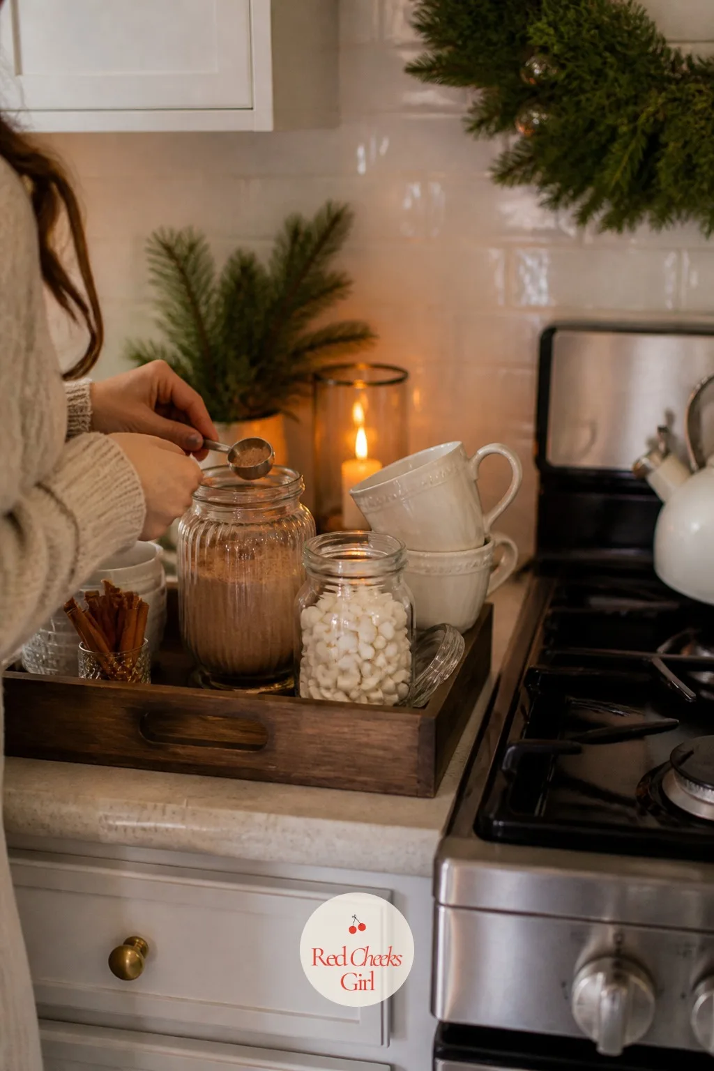 The Hot Cocoa Station by the Stove — A box of cocoa packets on the counter does not say much, but a proper little station does. Hallmark christmas aesthetic