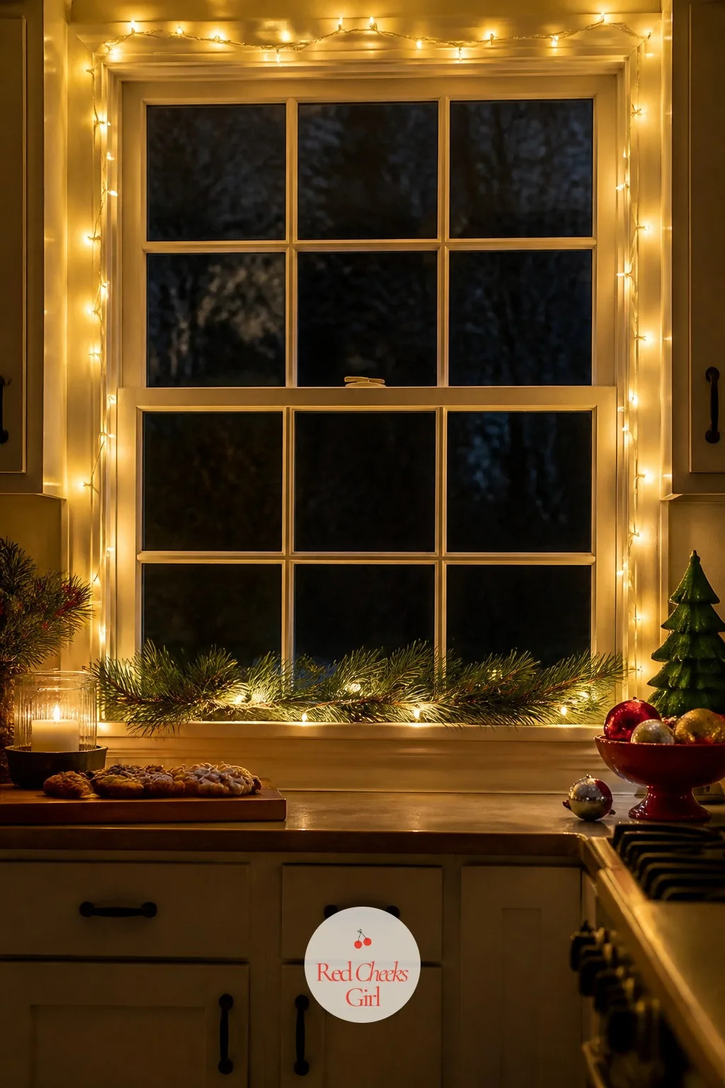 The Kitchen Window Strung With Lights — A dark kitchen window at night undercuts every bit of warmth happening on the counter below it. Hallmark christmas