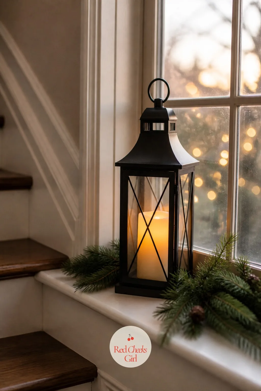 A Lantern on the Landing Window Sill — The landing is the one spot on the stairs everyone pauses, usually to look out at the street, and a bare sill there